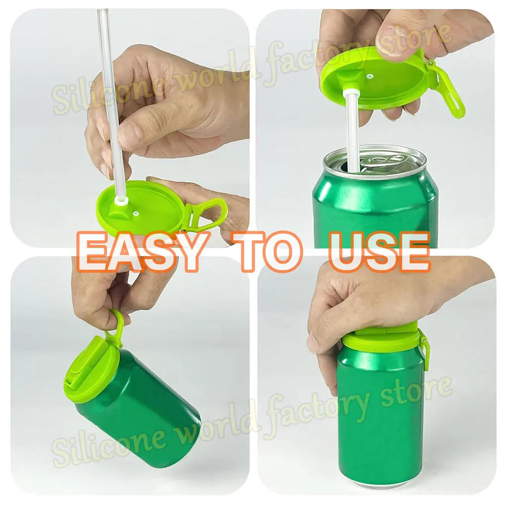 Silicone World Portable Silicone Soda Can Lid With Straw Reusable Sealed Soda Cans Cover For Canned Beverage Beer Juice Drinking